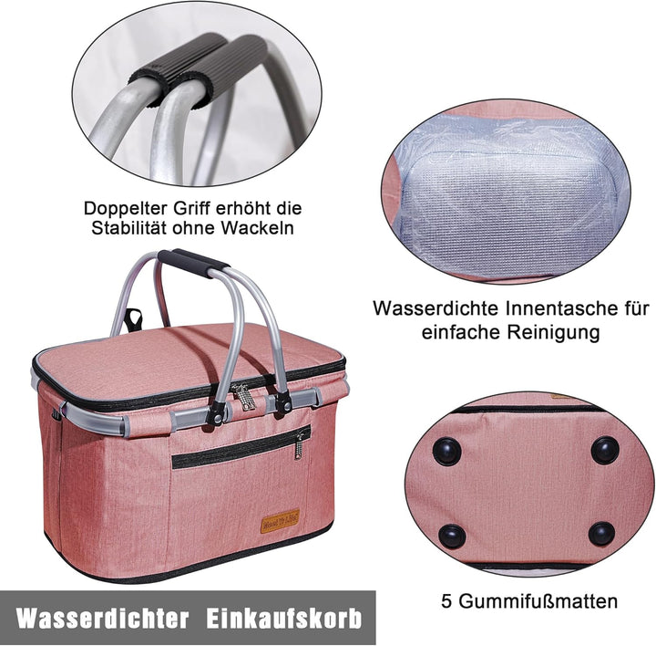 ABIUBIU 34L Kühltasche Einkaufskorb Picknickkorb Grosse isolierte Kühlkorb Lunchtasche Thermo Tasche