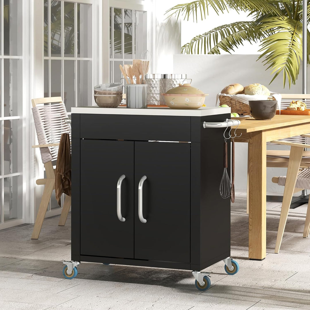 HOMCOM Küchenwagen mit Rollen, Servierwagen, Küchentrolley mit Schrank, Haken und Edelstahlgriffe, R