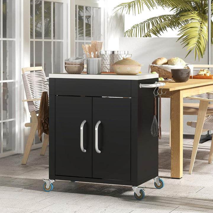 HOMCOM Küchenwagen mit Rollen, Servierwagen, Küchentrolley mit Schrank, Haken und Edelstahlgriffe, R
