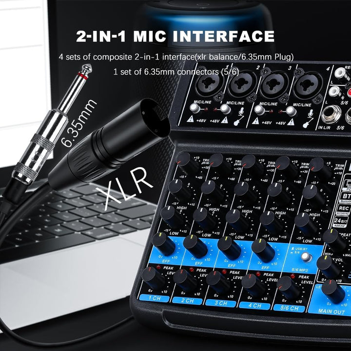 BOMGE 6-Kanal-Mini-DJ-Audio-Sound-Mixer-Konsole mit USB-Schnittstelle, Bluetooth, Stereo-Aufnahme, 4