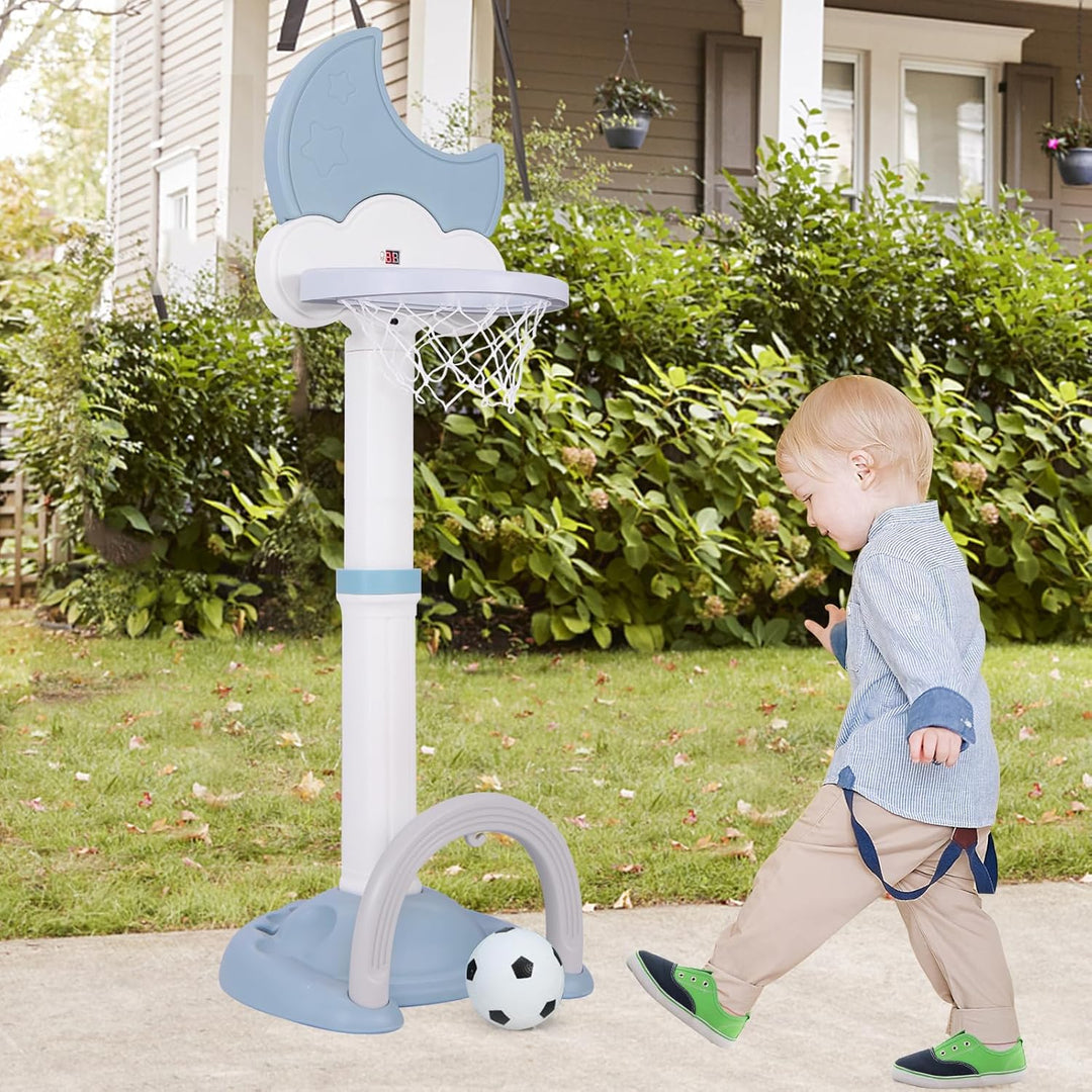 HOMASIS 4 in 1 Kinder Basketballkorb Set, multifunktional Basketballständer mit Fussballtor & Golf &