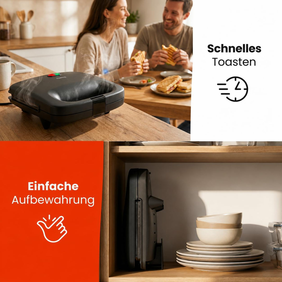 QuickBite Toaster, Sandwichmaker, Sandwich, Antihaftbeschichtung, 1000W, Panini, Schwarz Schwarz 24,