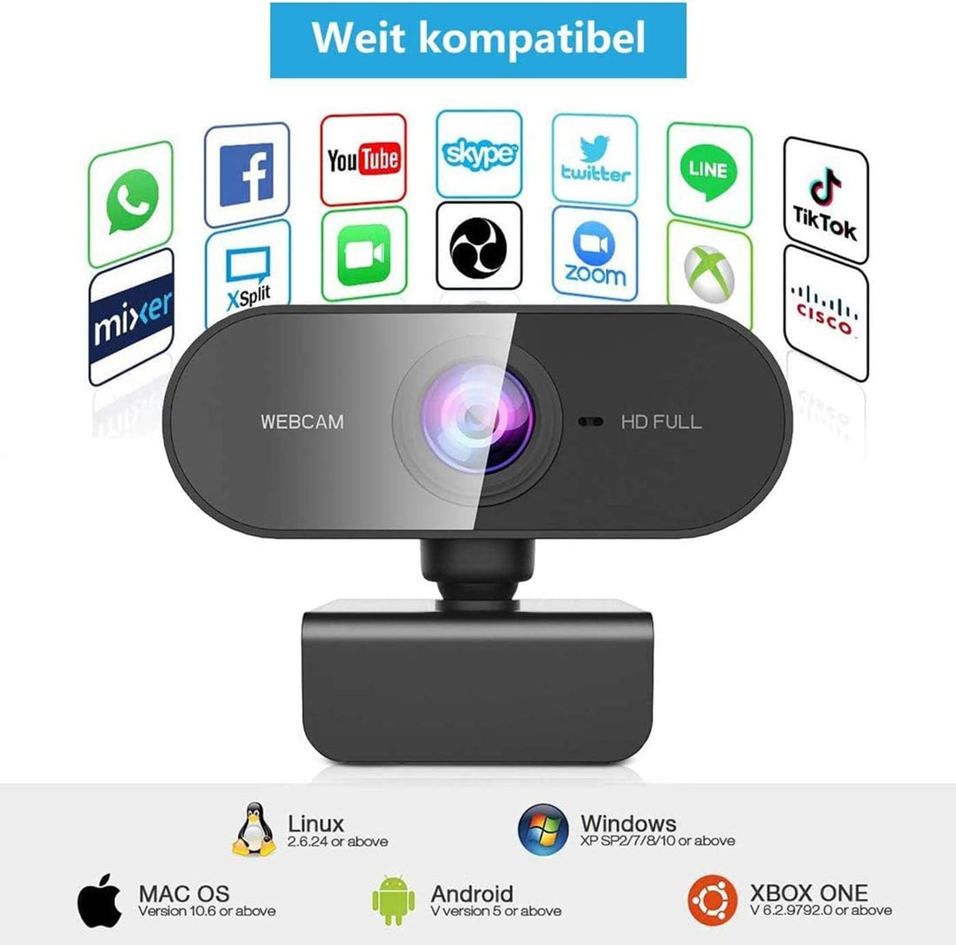 Webcam mit Mikrofon und Stativ, 1080P Webcam für PC Laptop Desktop, USB Computer Kamera für Videoanr