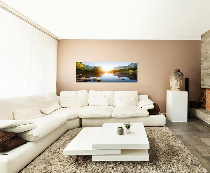 Wandbild auf Leinwand als Panorama in 120x40cm Yosemite Berge Wald Fluss Sonnenaufgang