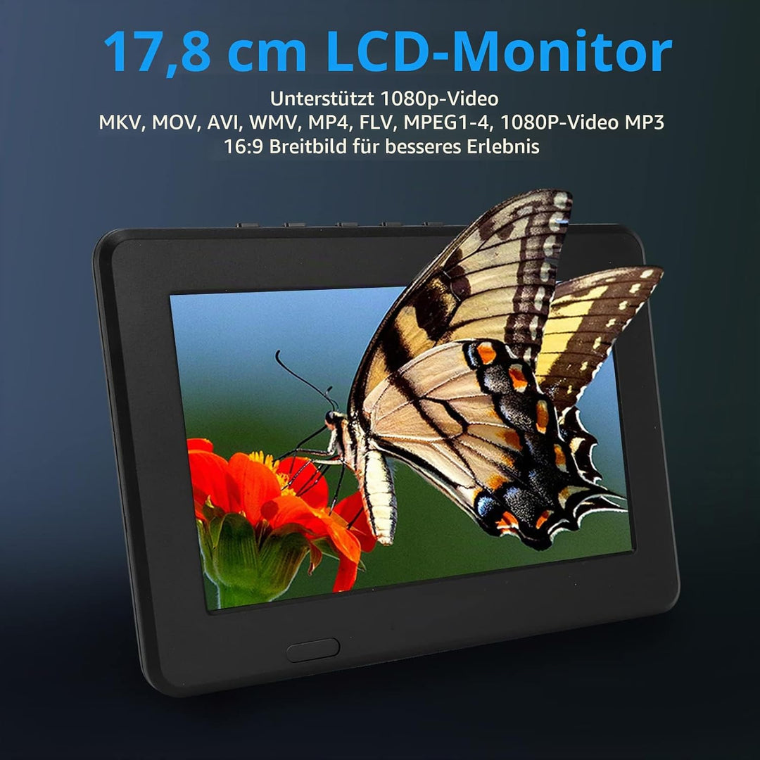 Tragbarer 7 Zoll Digitalfernseher, Auto Breitbild LED Fernseher mit 1500 mAh Lithiumbatterie, Unters