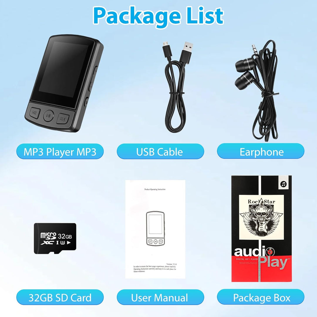 MP3 Player Bluetooth 5.2 - Sport 32GB Musik Player 1,8 Zoll TFT Farbbildschirm mit Clip FM Radio Ein