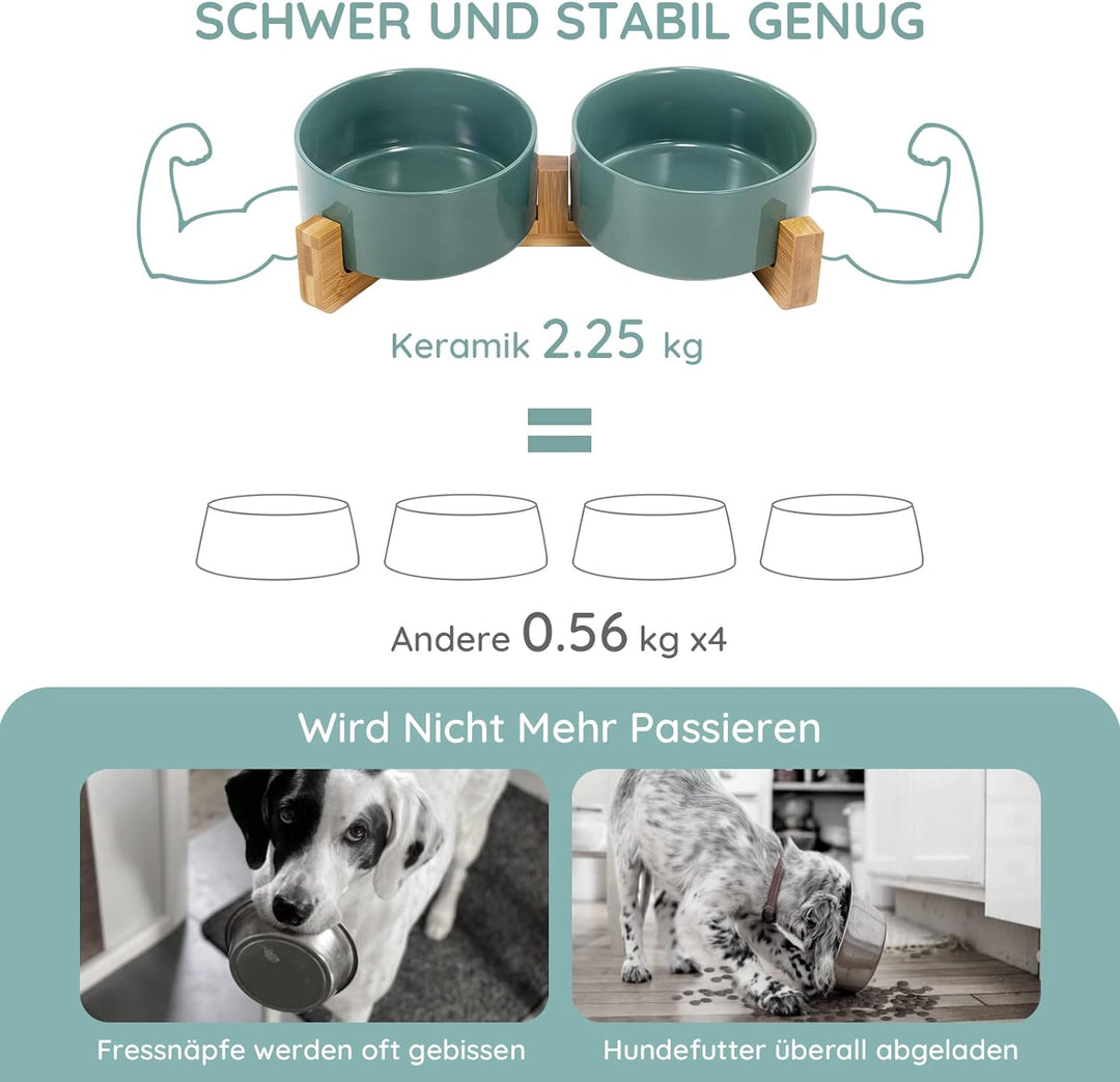 SPUNKYJUNKY Keramik Doppel Futternapf mit Bambus Ständer für Katzen und Hunde (850ml, Grün) Türkis D