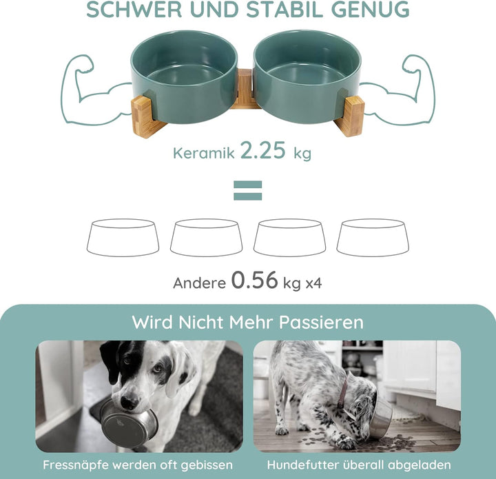 SPUNKYJUNKY Keramik Doppel Futternapf mit Bambus Ständer für Katzen und Hunde (850ml, Grün) Türkis D