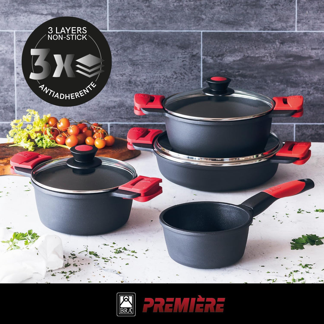 BRA Premiere | Niedriger Schmortopf 28 cm, Aluminiumguss, dreischichtig, verstärkte Antihaftbeschich