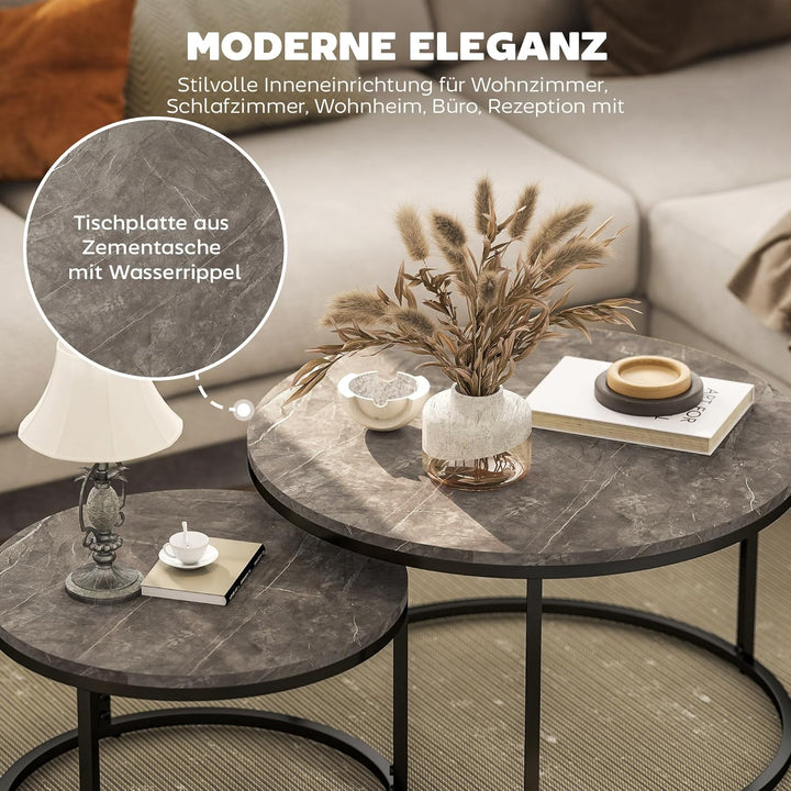 HOMCOM Couchtisch rund 2er Set Wohnzimmertisch Beistelltisch mit Metallrahmen, Satztisch mit Marmoro