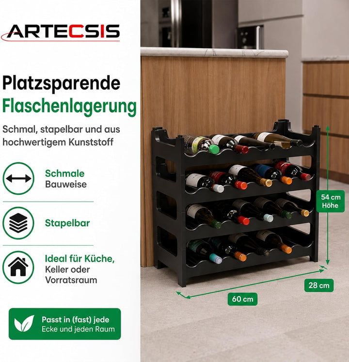 ARTECSIS Weinregal stapelbar Kunststoff für 24 Flaschen, stabiles leichtes Flaschenregal für Keller,