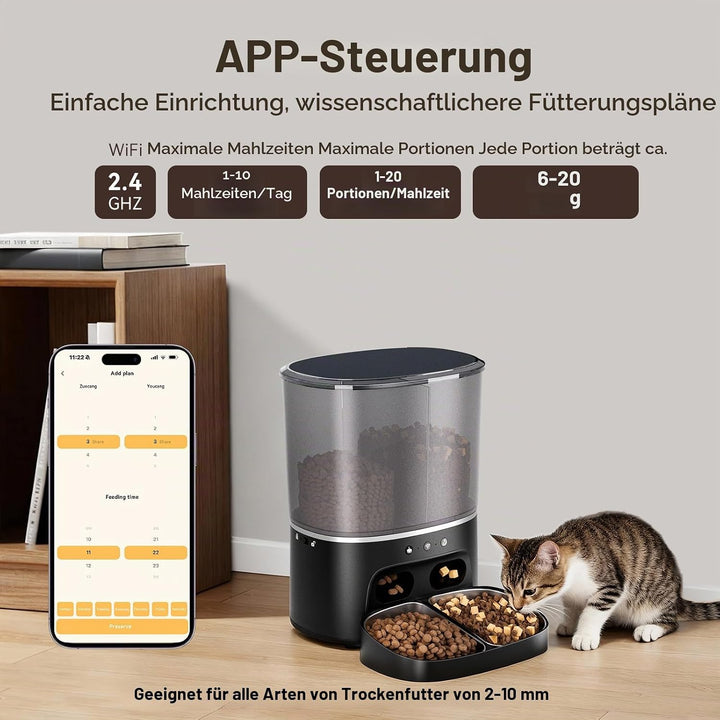 Futterautomat Katze, 2 Näpfe automat Katzenfutter mit APP, 8L Doppel Futterspender Katze, 2.4G WiFi
