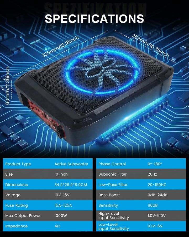 Ultraflacher Auto-Subwoofer, geeignet für Auto/Truck, mit integriertem Verstärker, unter den Sitzen