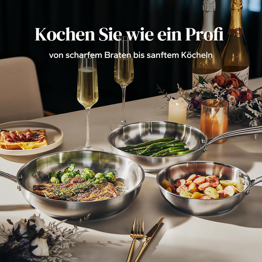 Redchef Bratpfanne 28 cm, Edelstahlpfanne unbeschichtet mit genieteter Griff, Edelstahl, Induktionsg