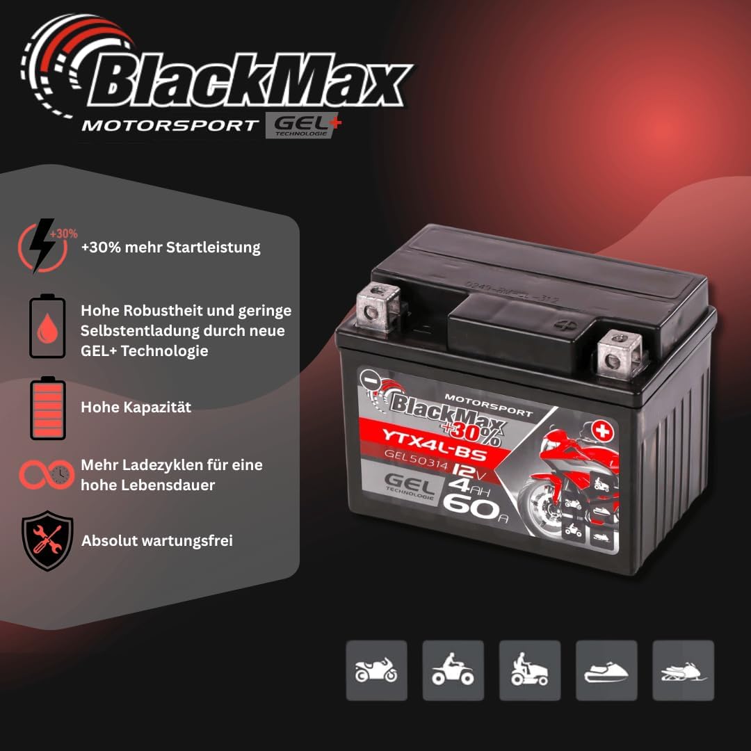 BlackMax CTX4L-BS Motorradbatterie YTX4L-BS GEL 12V 4Ah Roller Batterie 50314 4Ah - 65A, 4Ah - 65A