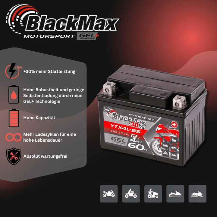 BlackMax CTX4L-BS Motorradbatterie YTX4L-BS GEL 12V 4Ah Roller Batterie 50314 4Ah - 65A, 4Ah - 65A