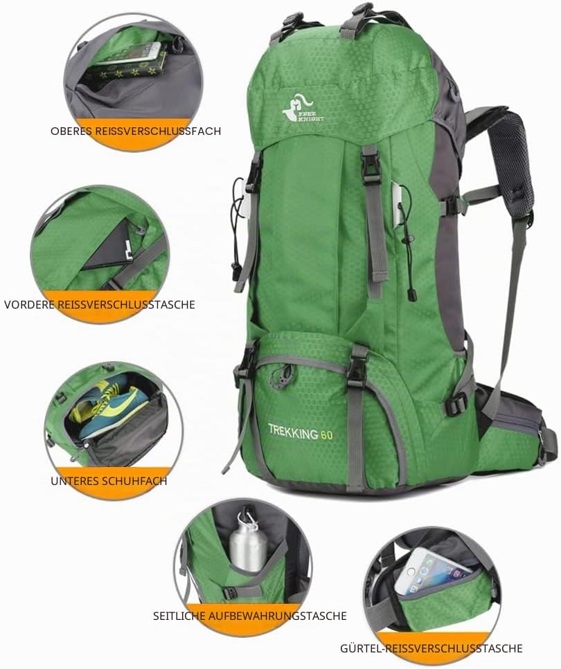 Bseash 60L Wasserdichter leichter Wanderrucksack mit Regenschutz, Outdoor Sport Tagesrucksack Multif