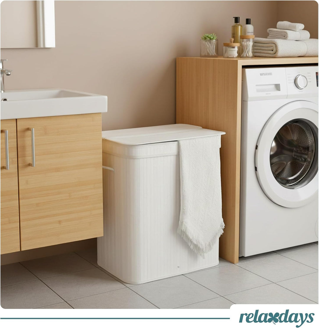 Relaxdays Wäschekorb mit Deckel, Bambus, 150 l, 3 Fächer, HxBxT: 61,5 x 61 x 41,5 cm, Badezimmer Wäs