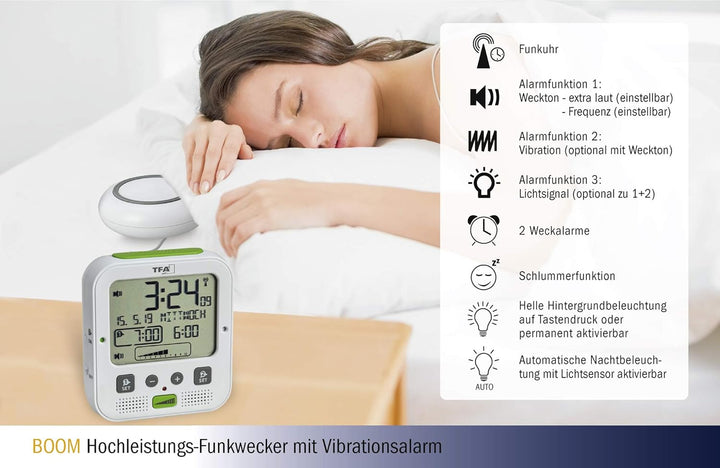 TFA Dostmann Boom Funkwecker, Laut mit Vibrationsalarm, Snooze-Funktion, einstellbare Lautstärke und