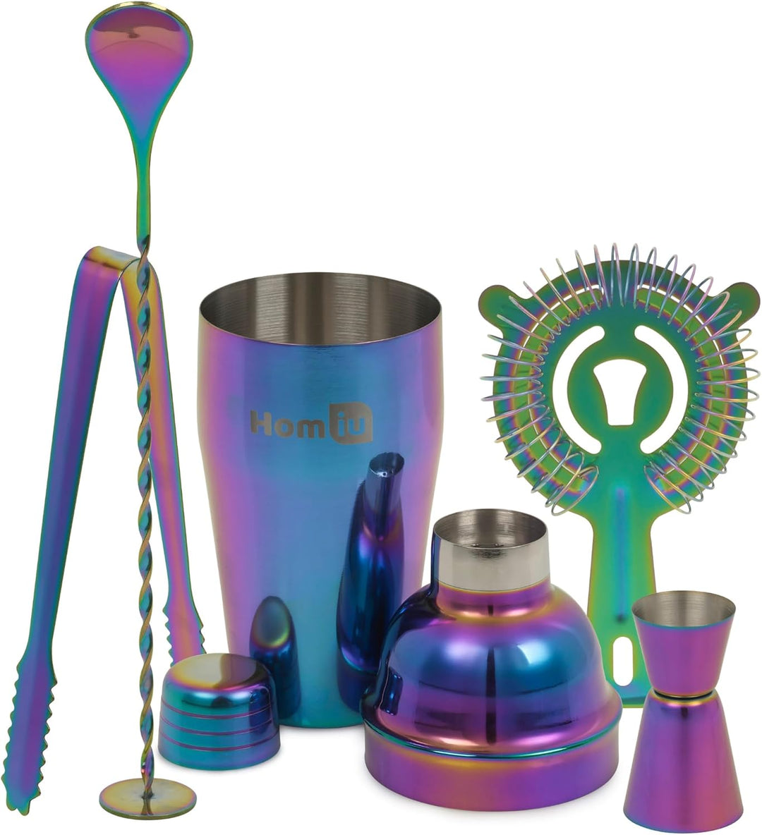 Homiu, Qualitatives Edelstahl Cocktail – Shaker Set (550ml) mit Rainbow Design, schillernder Edelsta