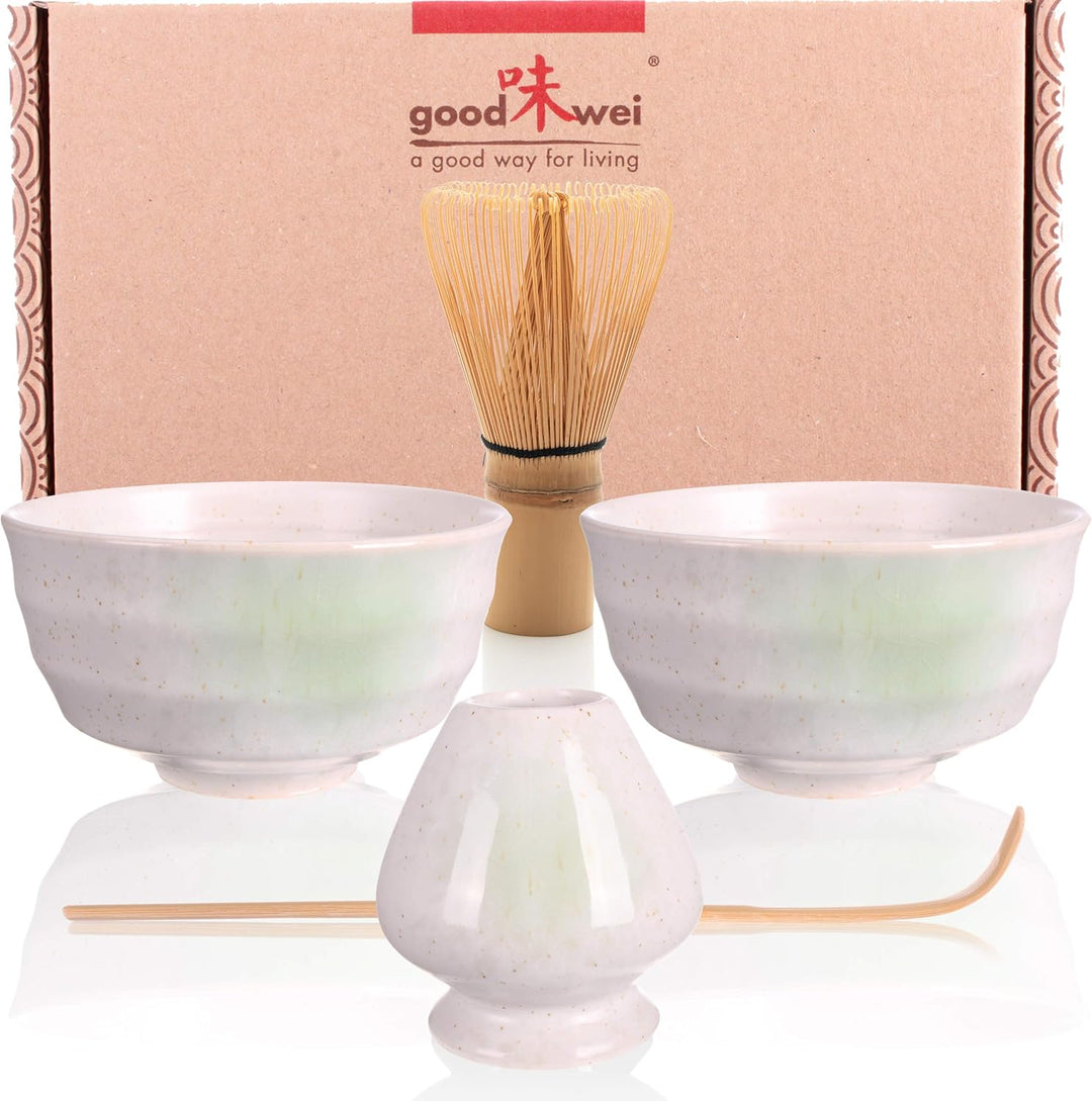 Goodwei Matcha-Set Duo mit Zwei Schalen und Besenhalter (Shiro), Keramik, 2X 180 ml, Shiro
