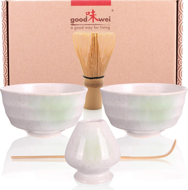 Goodwei Matcha-Set Duo mit Zwei Schalen und Besenhalter (Shiro), Keramik, 2X 180 ml, Shiro