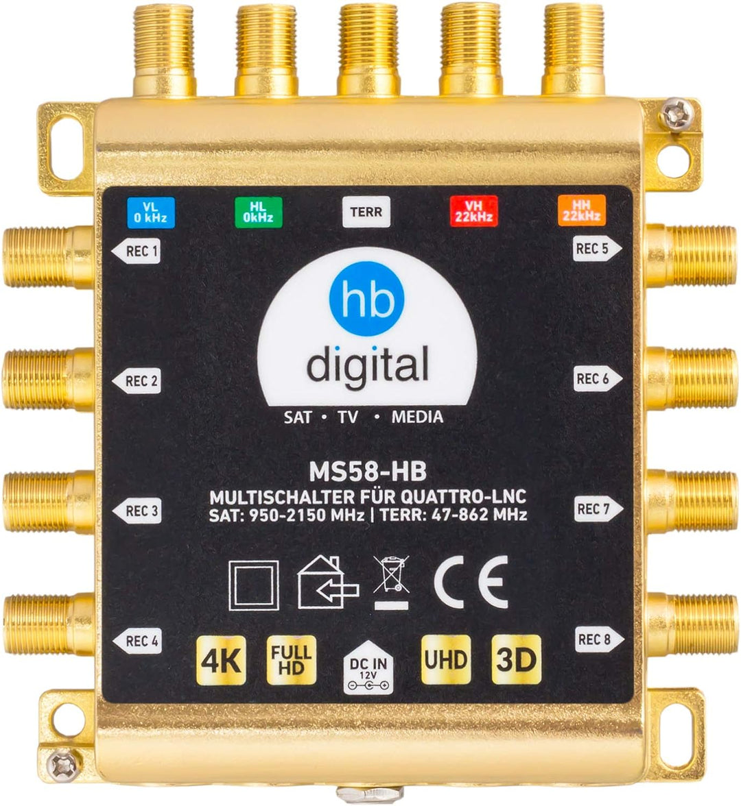 HB-DIGITAL DVB-S/S2 Multischalter 5/8 | Multiswitch Verteiler für 1 SAT, 8 Teilnehmer/Satelliten Rec