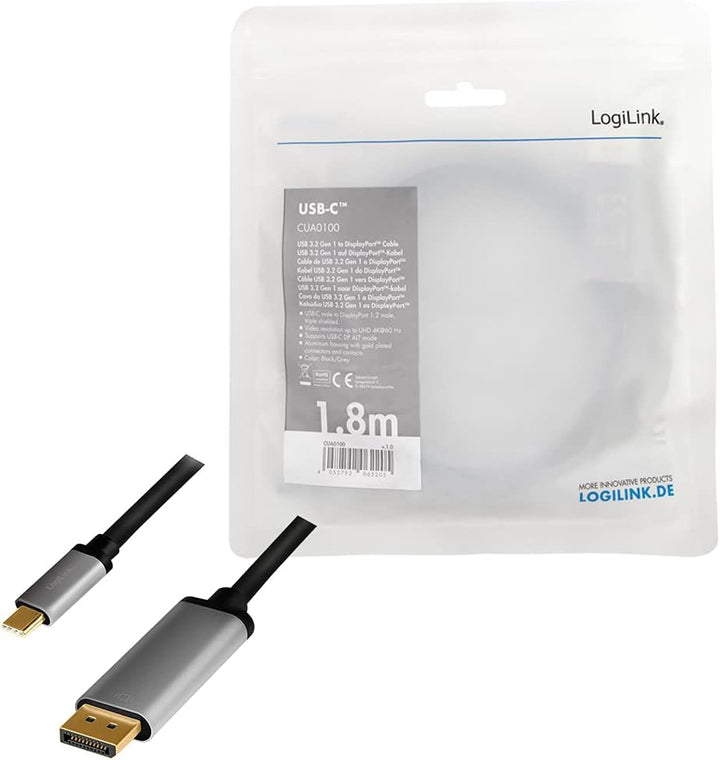 LogiLink CUA0100 - USB 3.2 Gen 1-DisplayPort Anschlusskabel 4K/60 Hz, Alu, schwarz/grau, 1,8 m