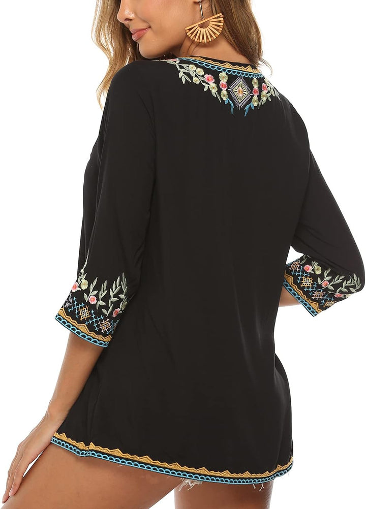 Hippie Kleidung Damen Bohemian Folklore Stickerei Bluse 3/4 äRmel V Ausschnitt Tunika Sommer LäSsige