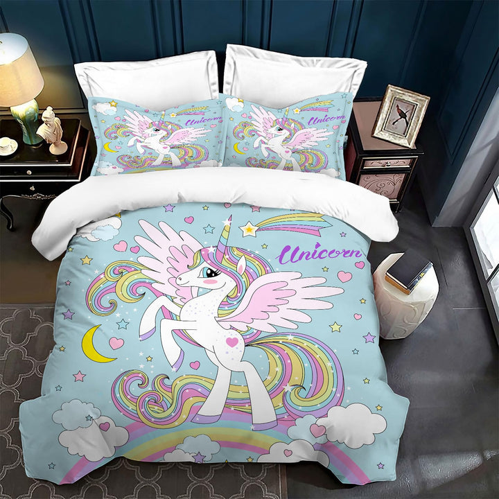 Rosa Einhorn Mädchen Bettwäsche Set,Cartoon Einhorn Muster Kinder Bettbezug Set,Regenbogen Wolken un