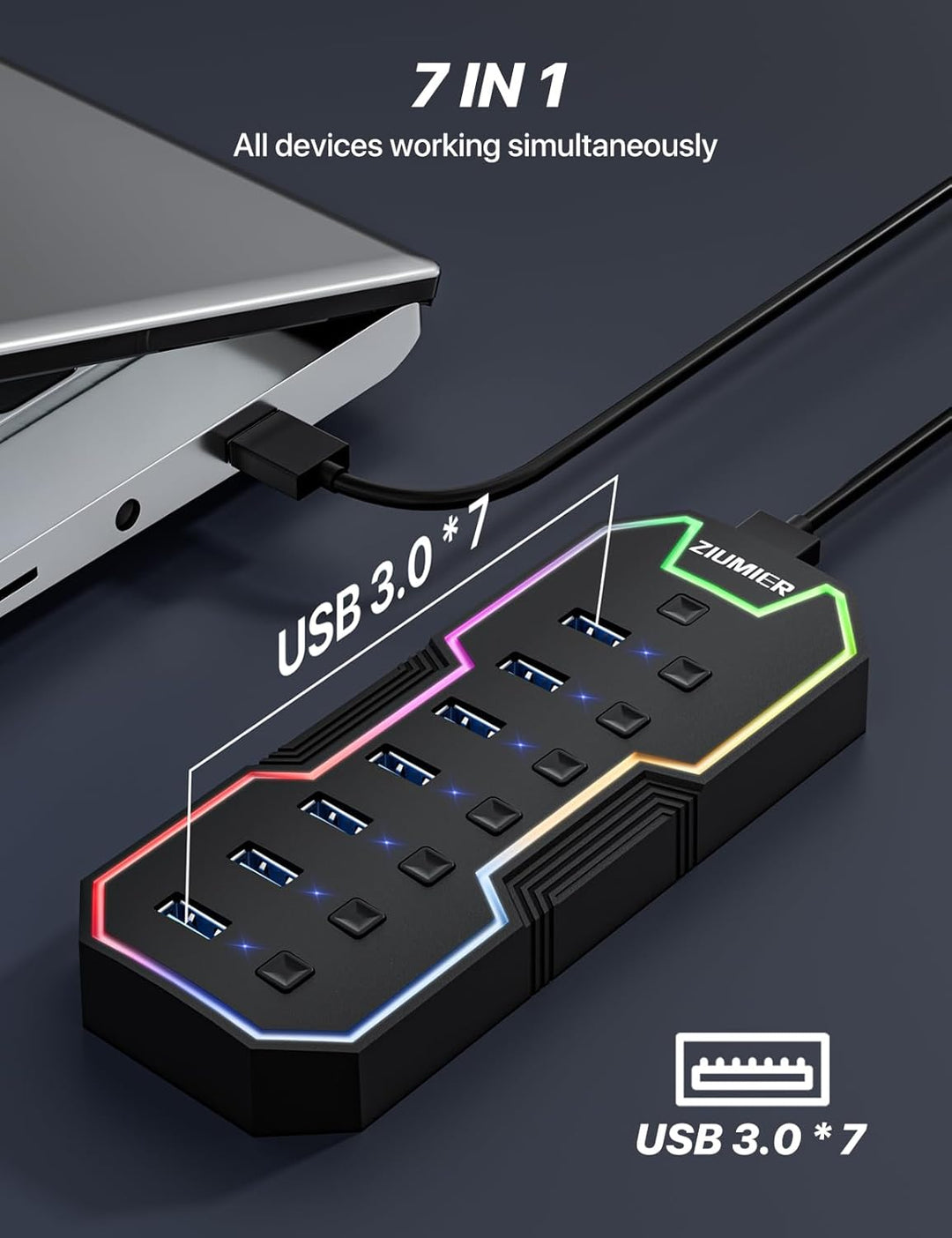 ZIUMIER USB 3.0-Hub, 7-Port-USB-Expander mit RGB-LED-Streifen für MacBook, Mac Pro, Mac mini, iMac,