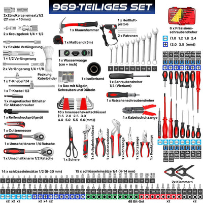 MASKO® Werkzeugkoffer 969-teilig gefüllt | Werkzeugset im Aluminiumkoffer | Werkzeugkasten mit Rolle
