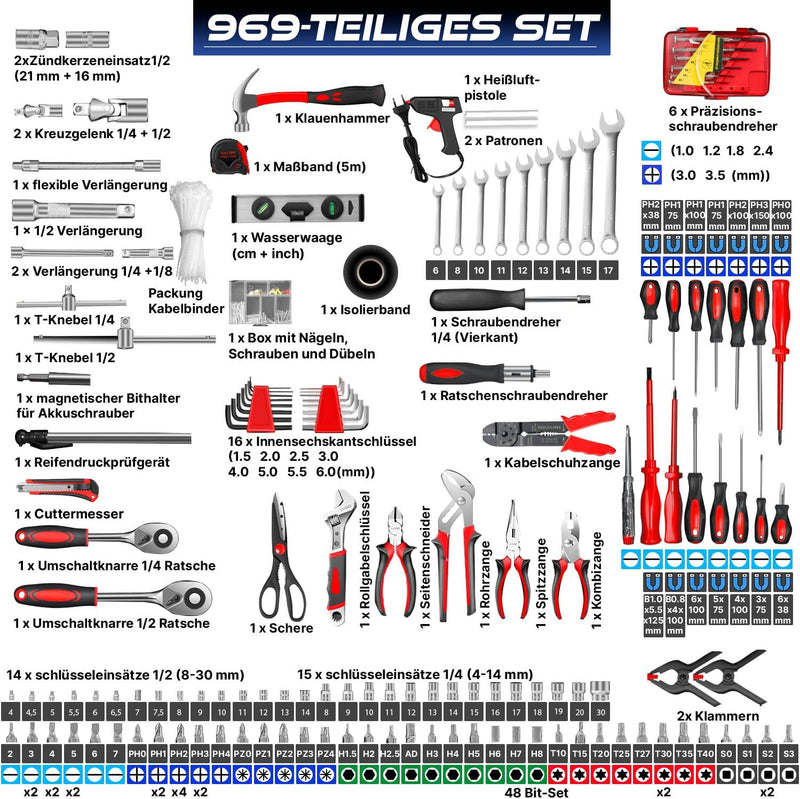 MASKO® Werkzeugkoffer 969-teilig gefüllt | Werkzeugset im Aluminiumkoffer | Werkzeugkasten mit Rolle