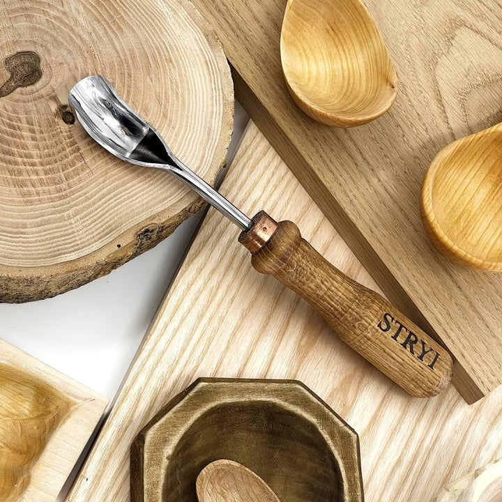 STRYI Profi Schnitzwerkzeug: Gebogenes Hohleisen 20mm (Bent Gouge), Hochwertiger Carbonstahl, Handge