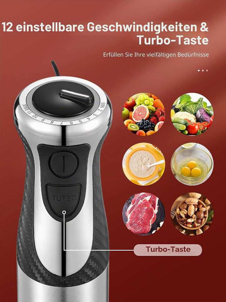 Pürierstab, 5-in-1 Stabmixer Edelstahl, 1000W Pürierstab mit 12 Geschwindigkeiten und Turbo-Modi, In