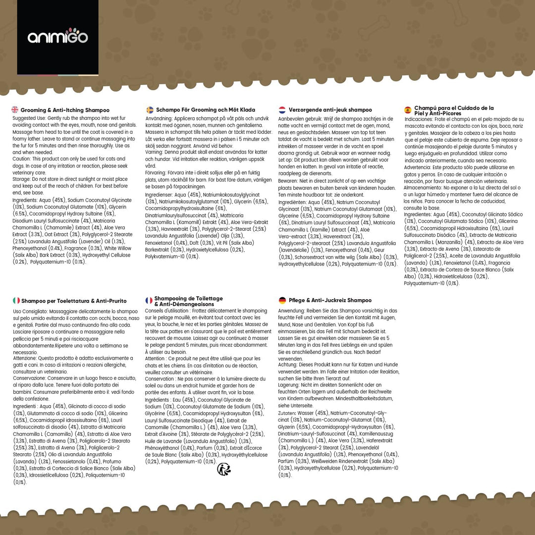 animigo Pflege & Anti-Juckreiz Shampoo - Für Haut, Fellpflege, Juckreiz - 500ml Hunde & Katzenshampo