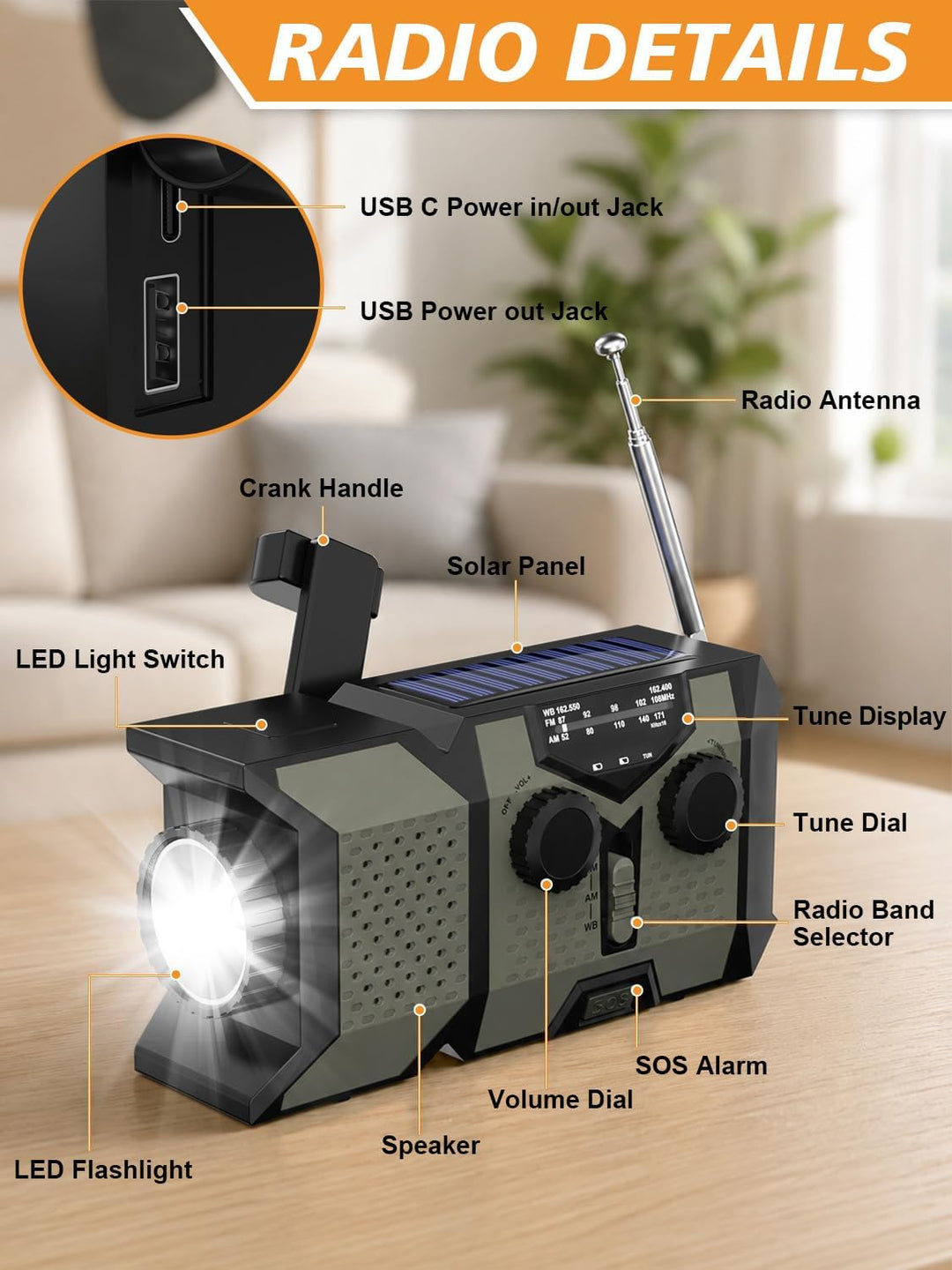 Notfall-Solarradio, Tragbares Kurbelradio mit 3-Wege-Laden, AM/FM/SW Weltempfänger, LED Taschenlampe