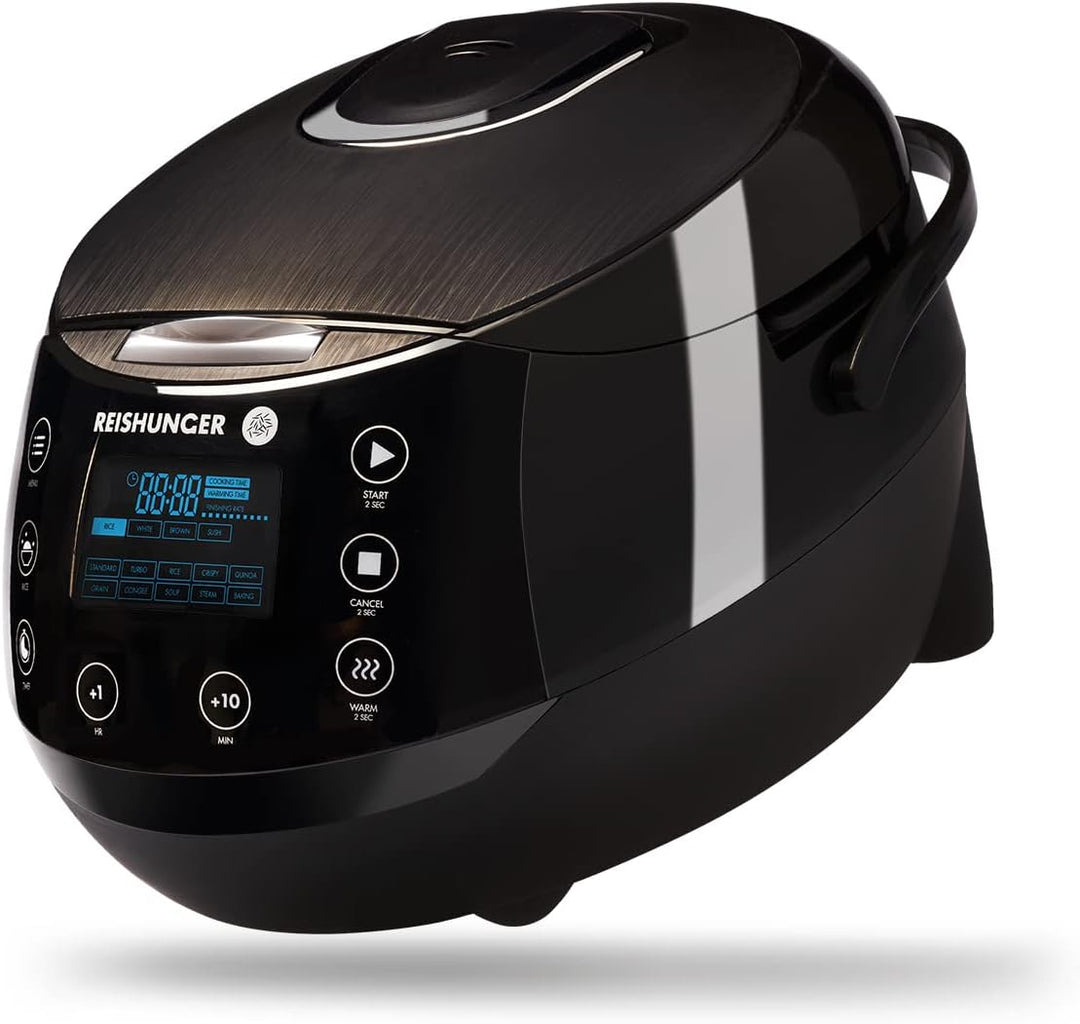 Reishunger Digitaler Reiskocher & Dampfgarer Schwarz + Gratis Kochbuch – Warmhaltefunktion, Timer &