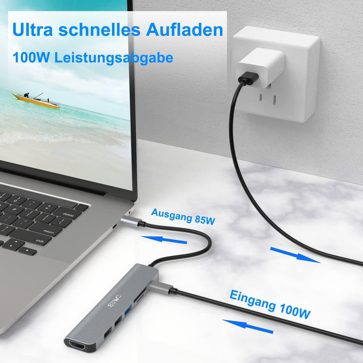 USB C Hub, JESWO 7 in 1 USB C Adapter mit 4K HDMI, 1 USB 3.0, 2 USB 2.0, SD/TF Kartenleser und 100W