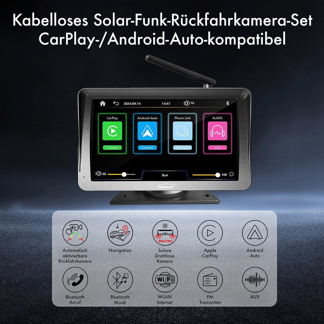 Lescars Auto Zubehör: Kabelloses Solar-Funk-Rückfahrkamera-Set, CarPlay-/Android-Auto-komp. (Abstand