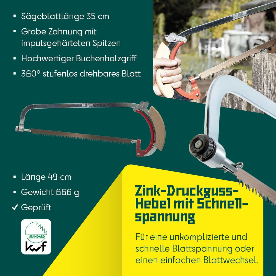 Berger Handbügelsäge 69042 mit Buchenholzgriff und stufenlos drehbarem Sägeblatt, Länge 35 cm Bügels