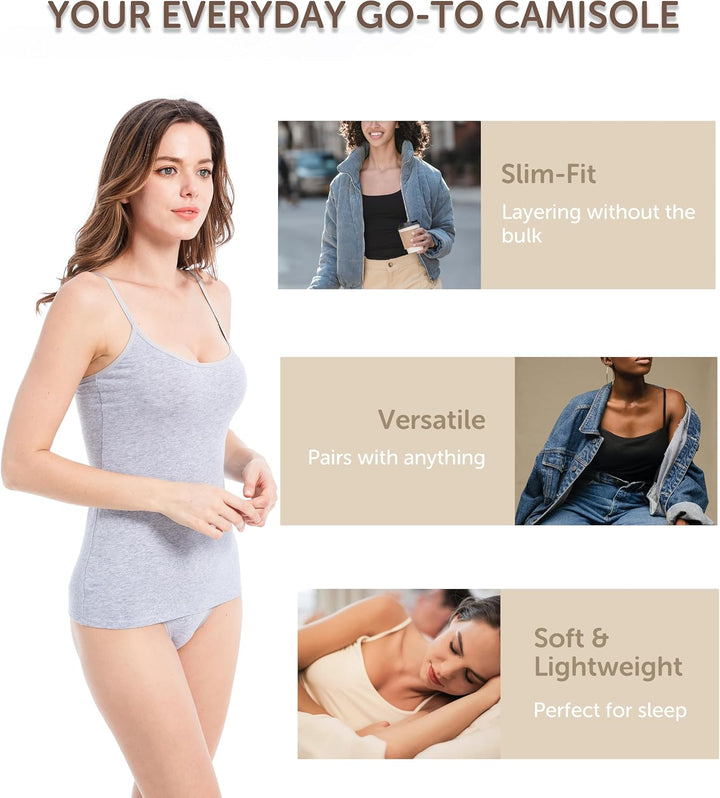 Comfneat Damen 4-Pack Spaghetti Tops Slim-Fit Verstellbare Träger Camisole Baumwolle Elasthan Unterh