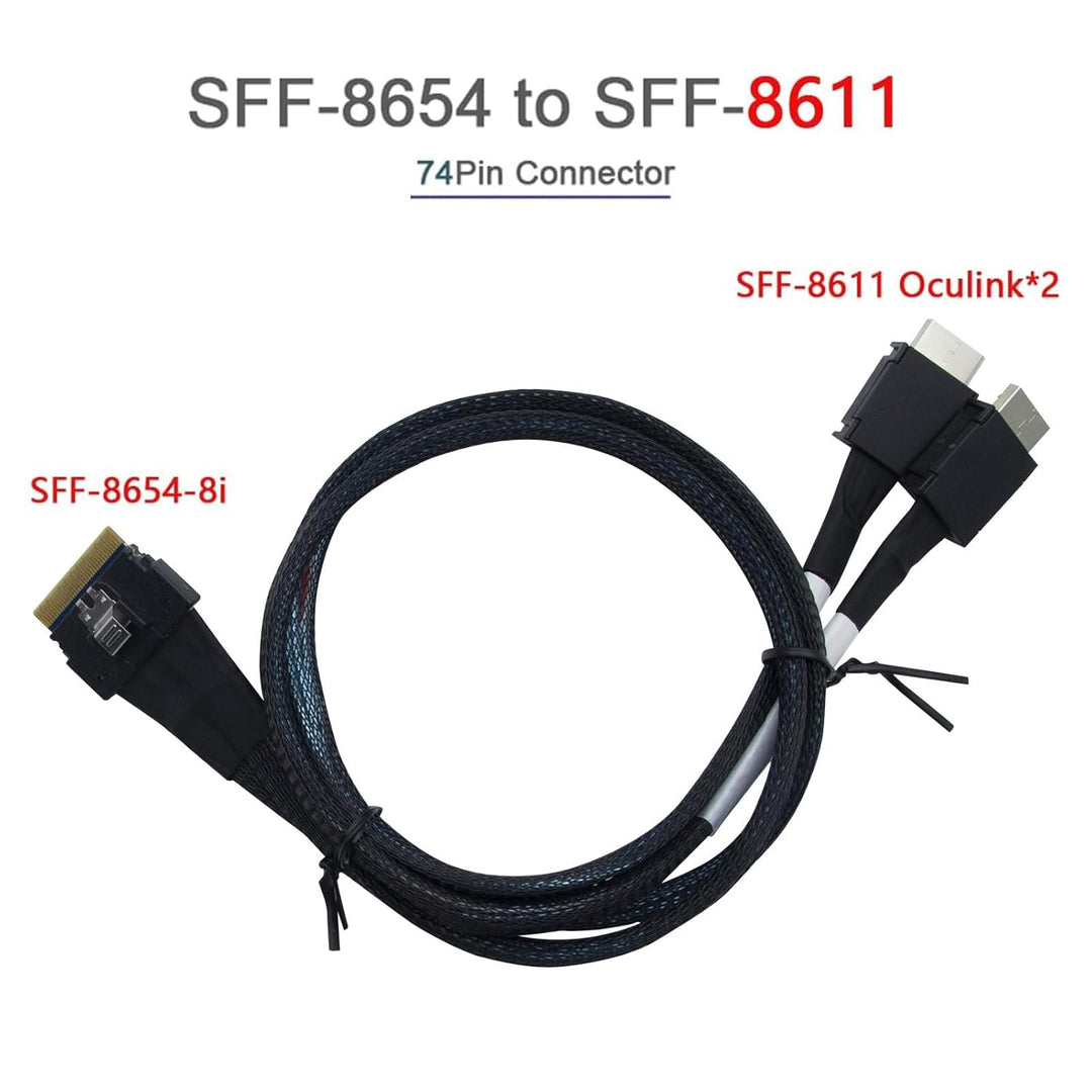 SlimSAS(SFF-8654 8i,74pin) to 2x Oculink(SFF-8611,38pin), PCIe4.0 Gen4 cable assembly, 85-Ohm, 0.8m