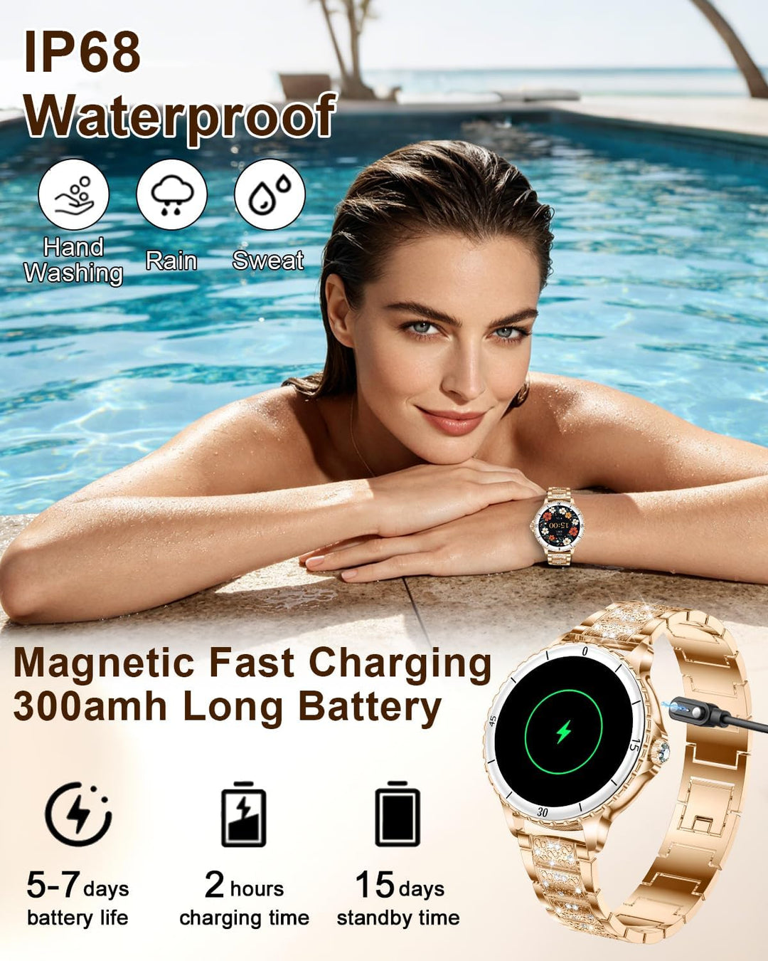 Smartwatch Damen mit Telefonfunktion, 1.27" Smart Watch Rund mit Diamantband für Android iOS, IP68 W