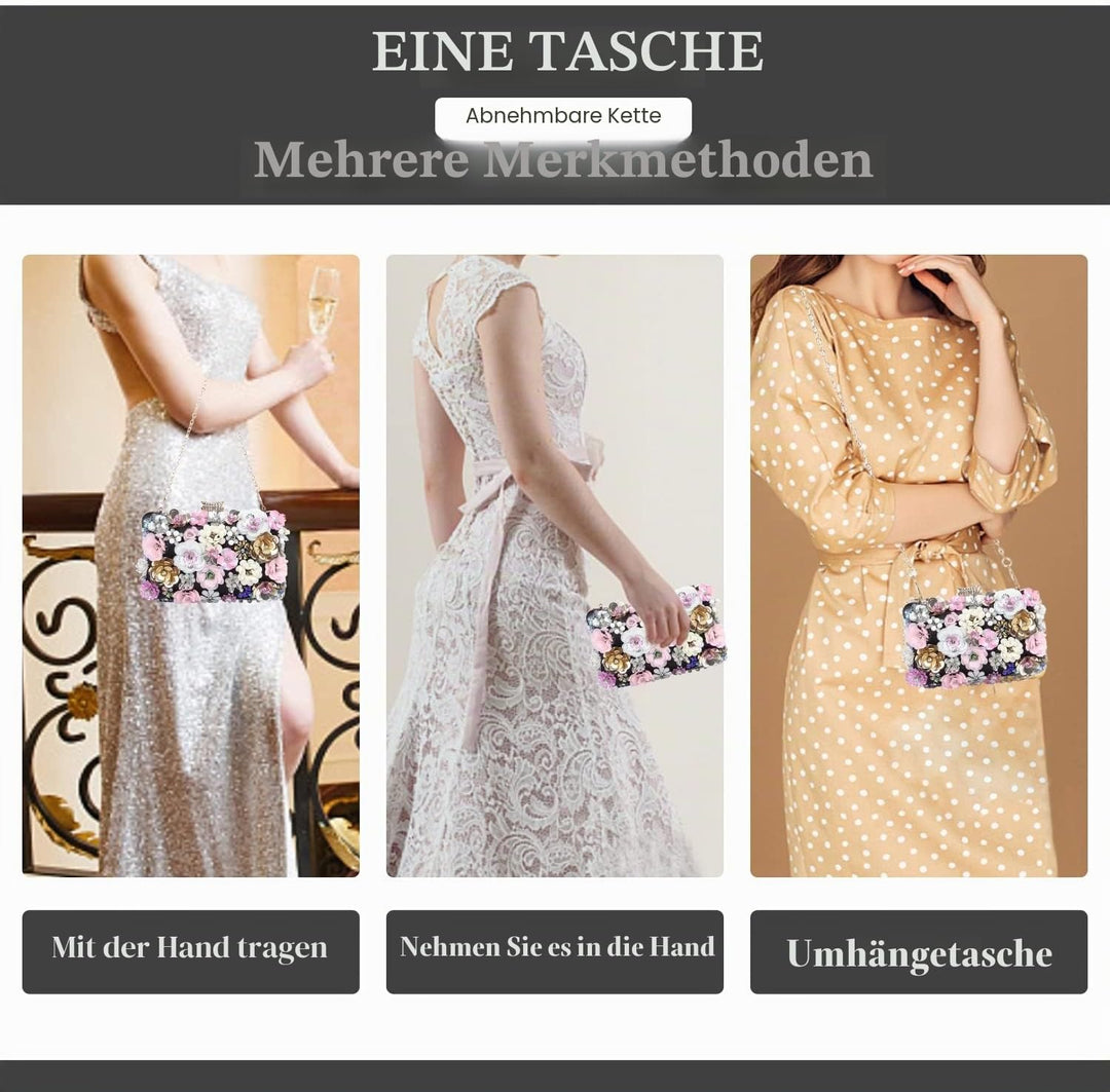 Fecialy Blumen-Clutch-Abendtaschen für Damen mit bunten Blumen-Metall-Strasssteinen Abend-Clutch-Gel