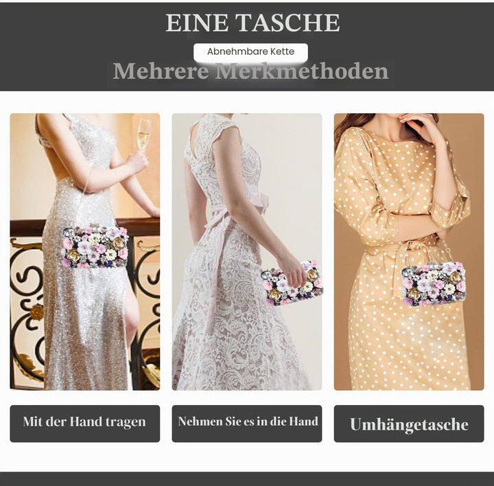 Fecialy Blumen-Clutch-Abendtaschen für Damen mit bunten Blumen-Metall-Strasssteinen Abend-Clutch-Gel