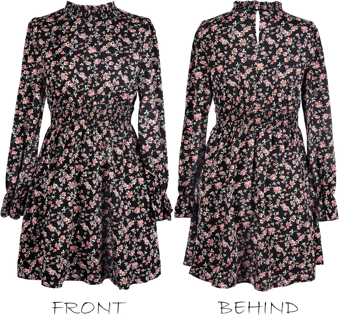 CUPSHE Damen Kleid High Neck Langarm Blumenmuster Kurzes Minikleid Freizeitkleider Party Tunika Dres