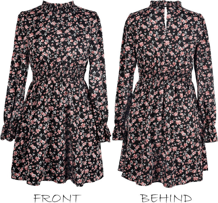 CUPSHE Damen Kleid High Neck Langarm Blumenmuster Kurzes Minikleid Freizeitkleider Party Tunika Dres