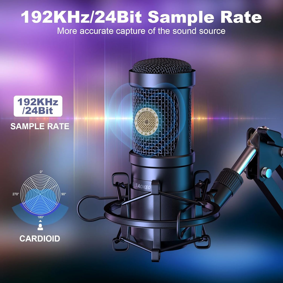 aokeo USB Mikrofon, 192kHZ / 24bit Podcast-Mikrofonsets mit Mikrofonständer, Stossdämpferhalter, Win