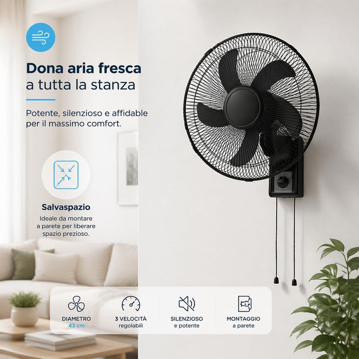 BAKAJI Wandventilator mit Gitter von 43 cm, 3 wählbare Geschwindigkeitsstufen, 5 Flügel, 65 Watt Lei